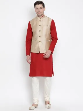 VASTRAMAY Men's Maroon Cotton Blend Kurta, Ethnic Jacket and Pyjama Set