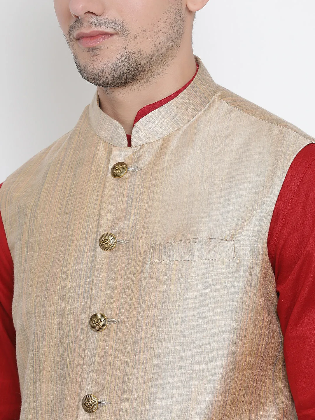 VASTRAMAY Men's Maroon Cotton Blend Kurta, Ethnic Jacket and Pyjama Set