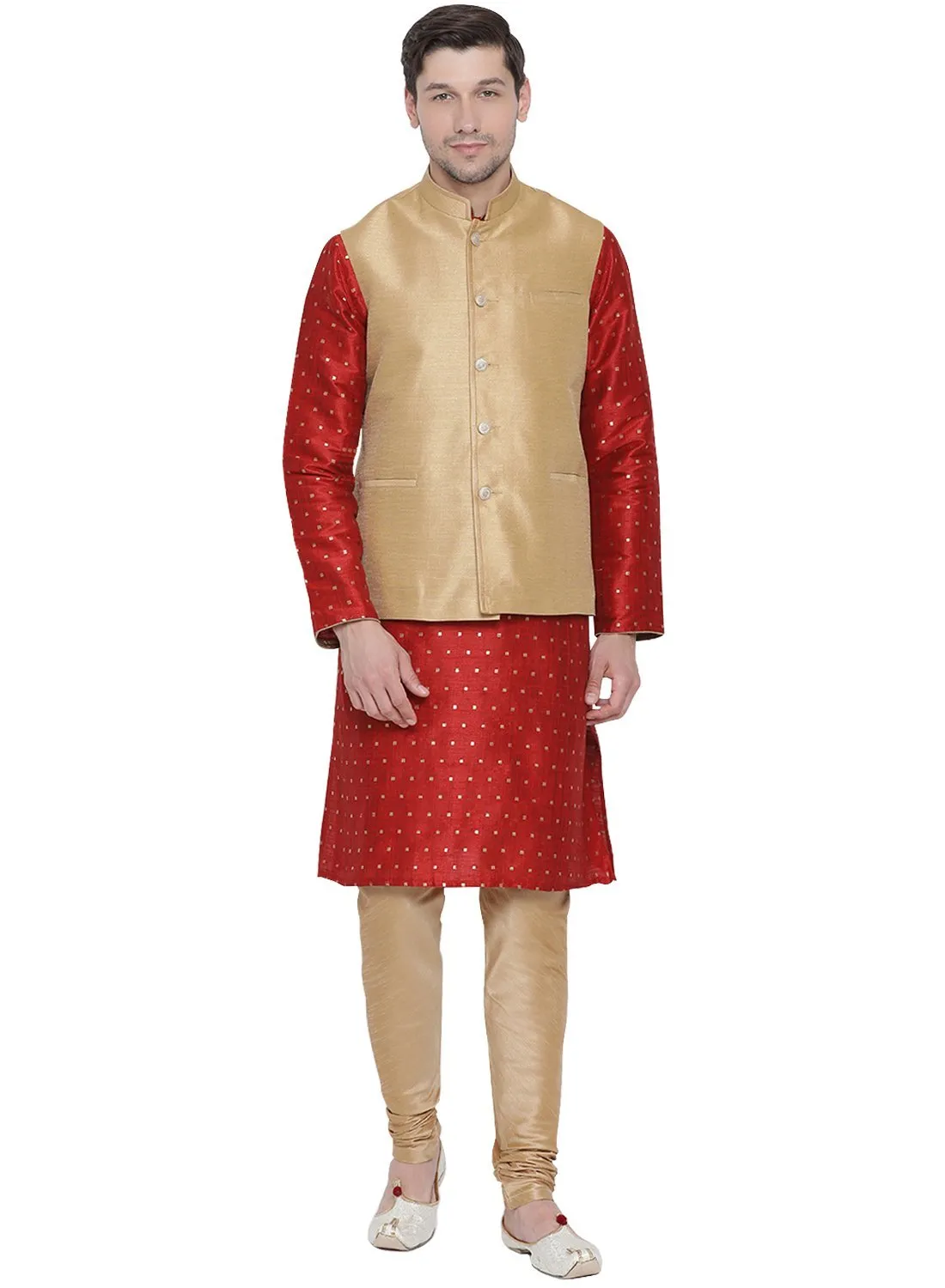 VASTRAMAY Men's Maroon Cotton Silk Blend Kurta, Ethnic Jacket and Pyjama Set