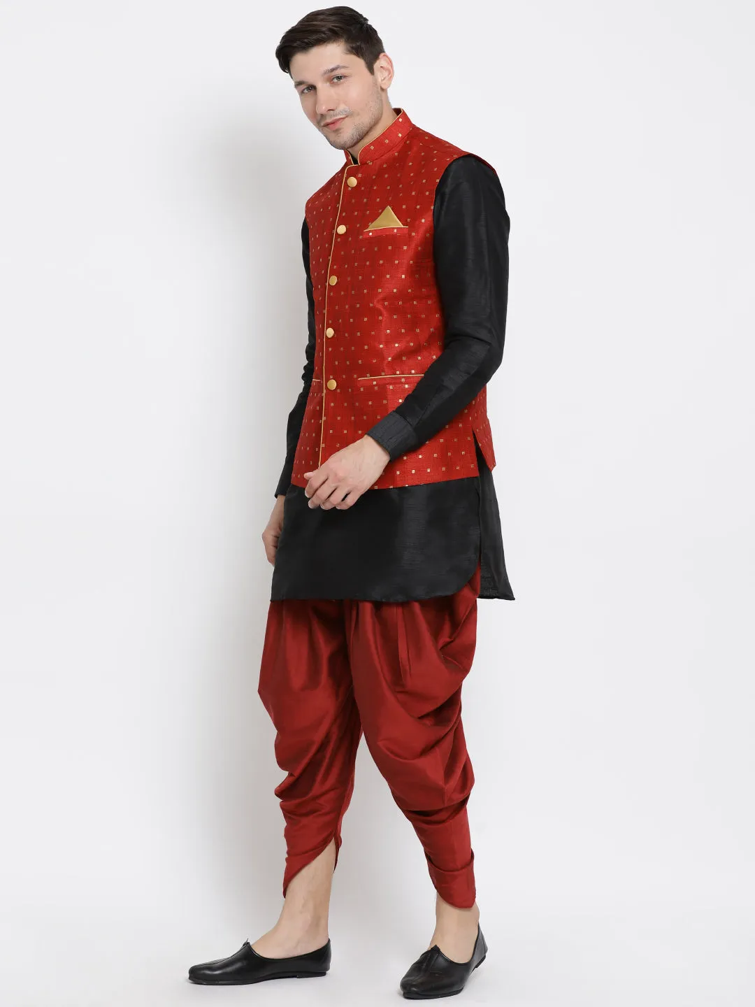 VASTRAMAY Men's Maroon Zari Weaved Jacket With Kurta Dhoti Set