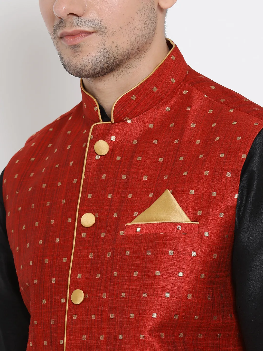 VASTRAMAY Men's Maroon Zari Weaved Jacket With Kurta Dhoti Set