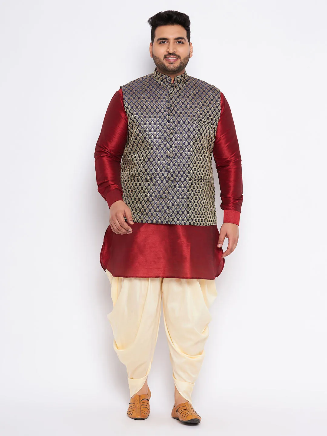 VASTRAMAY Men's Plus Size Navy Blue Woven Jacket With Maroon Kurta And Gold Dhoti Set