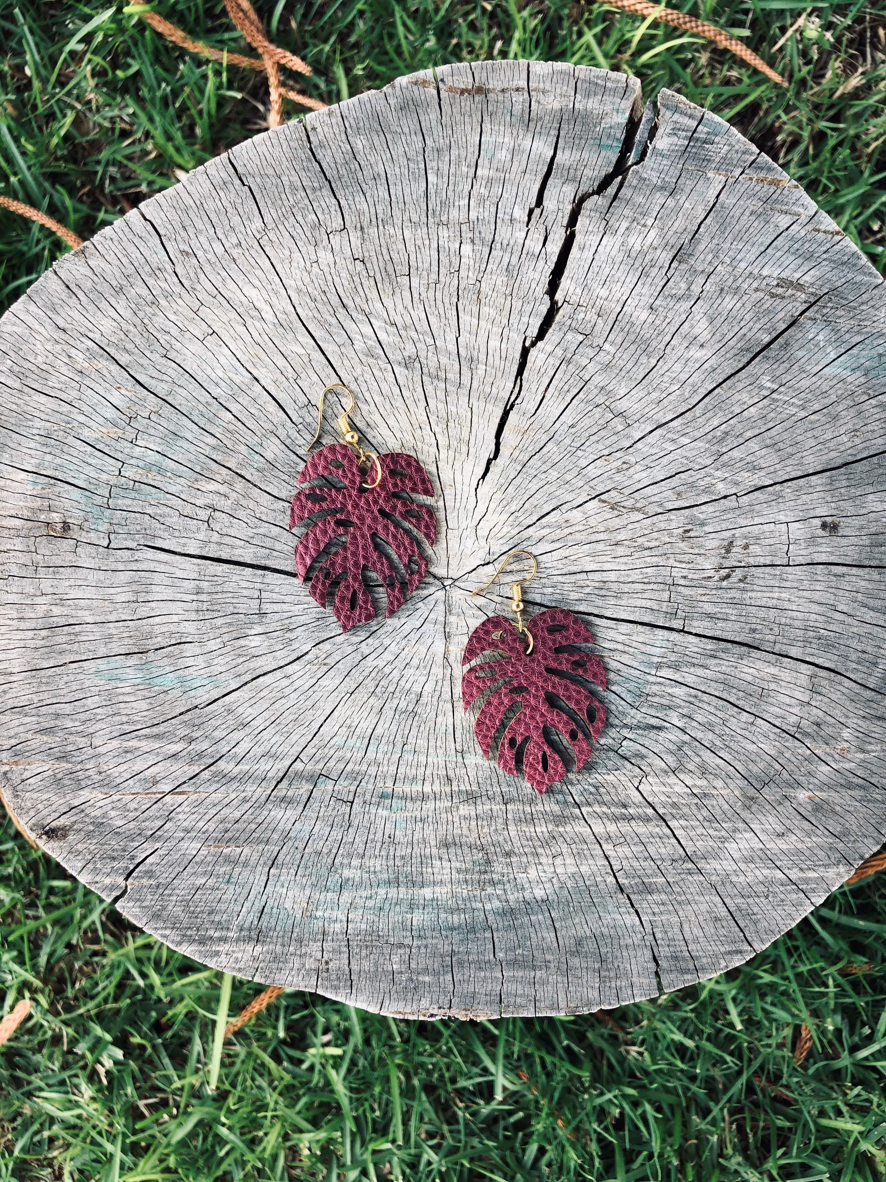 Vegan Leather Monstera Earrings  - Made in Hawaii