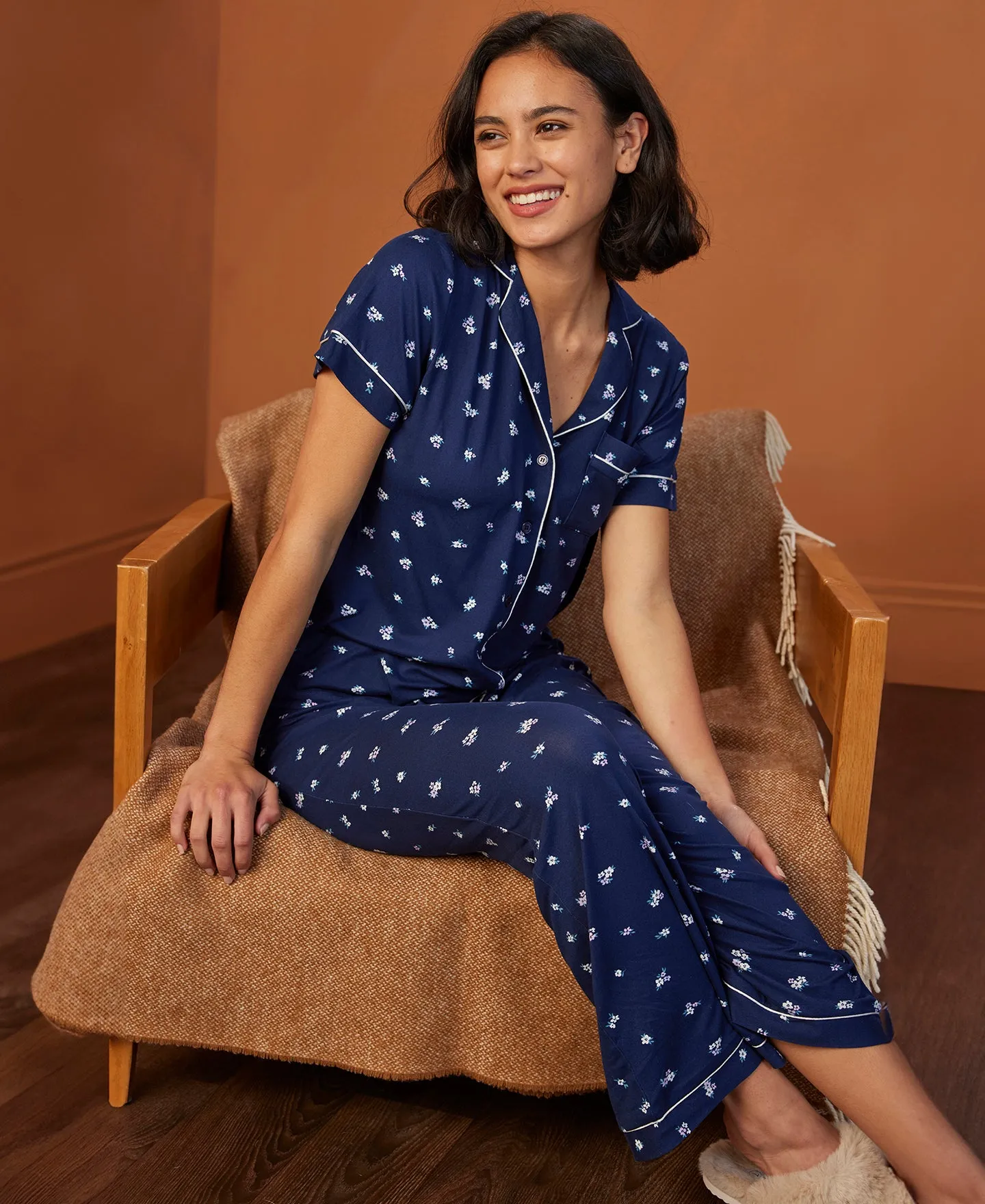 Women's Short Sleeve PJ Set in Navy Ditsy Floral | Postie