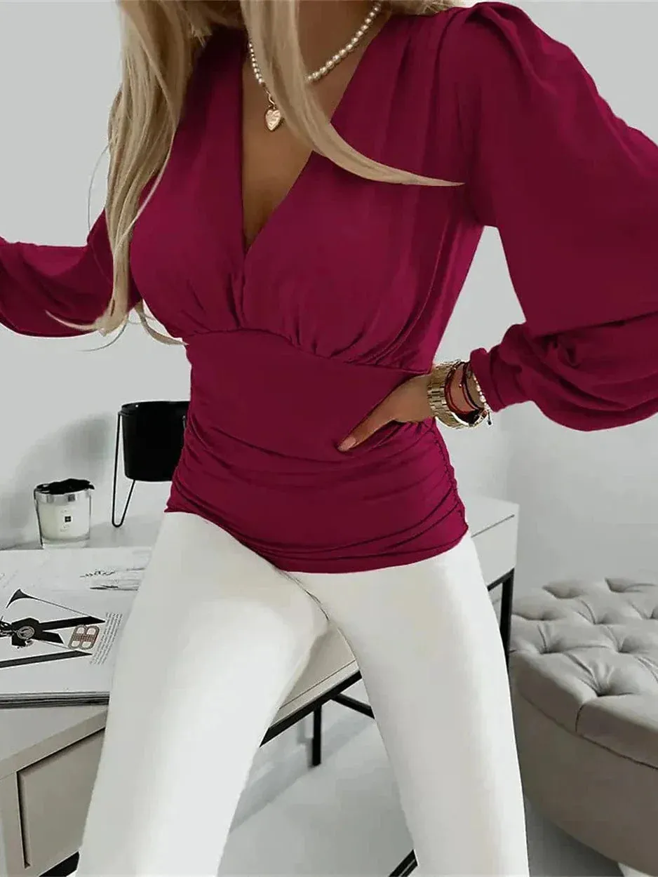 Women's V-Neck Long Sleeve Blouse in Black, Pink, and Red